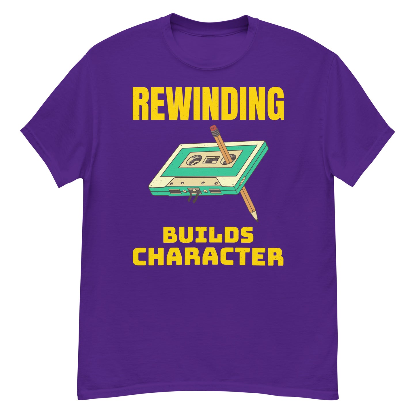 Retro Cassette Tape Rewinding T-Shirt - "Rewinding Builds Character"