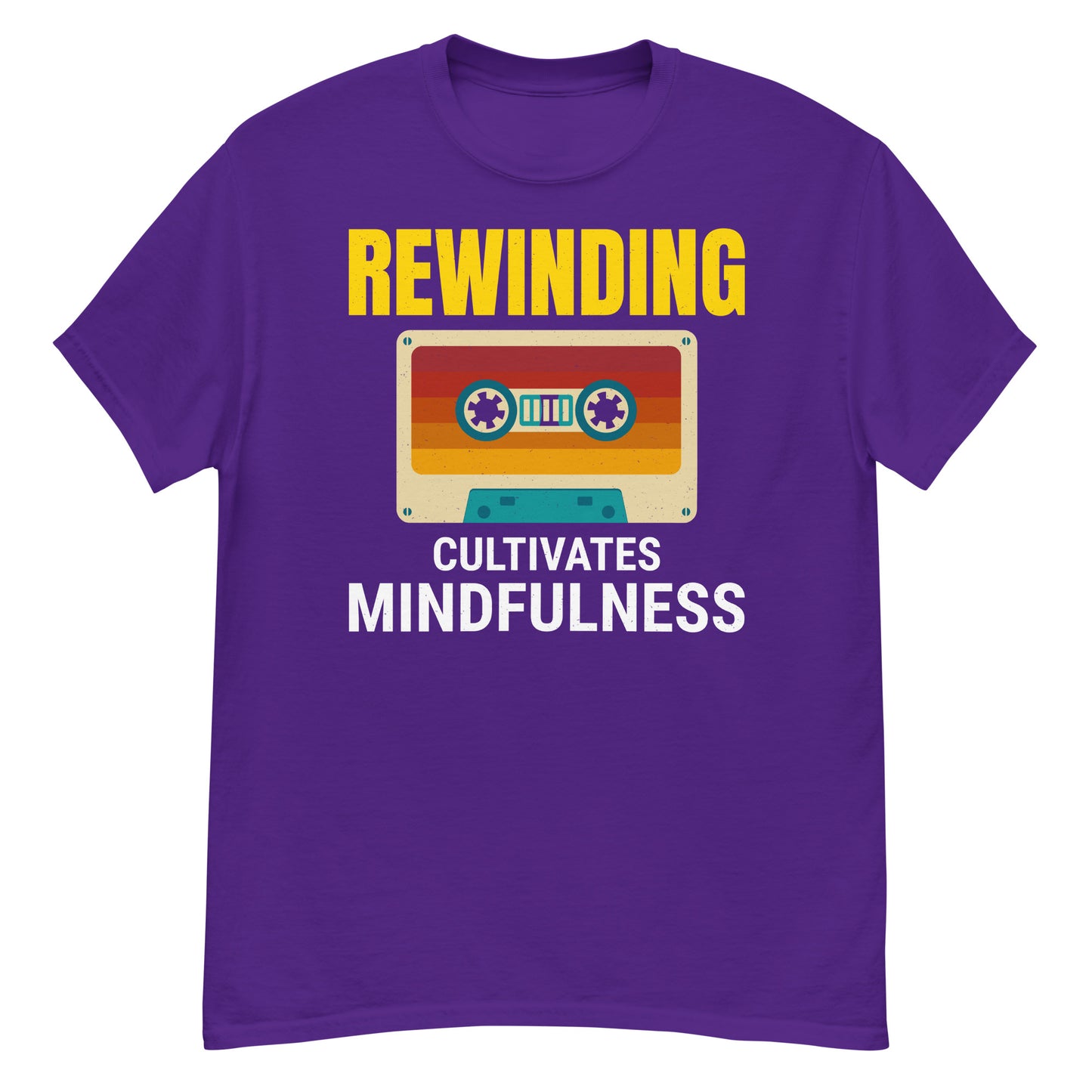 Cassette Tape Rewinding T-Shirt - "Rewinding: Cultivates Mindfulness"