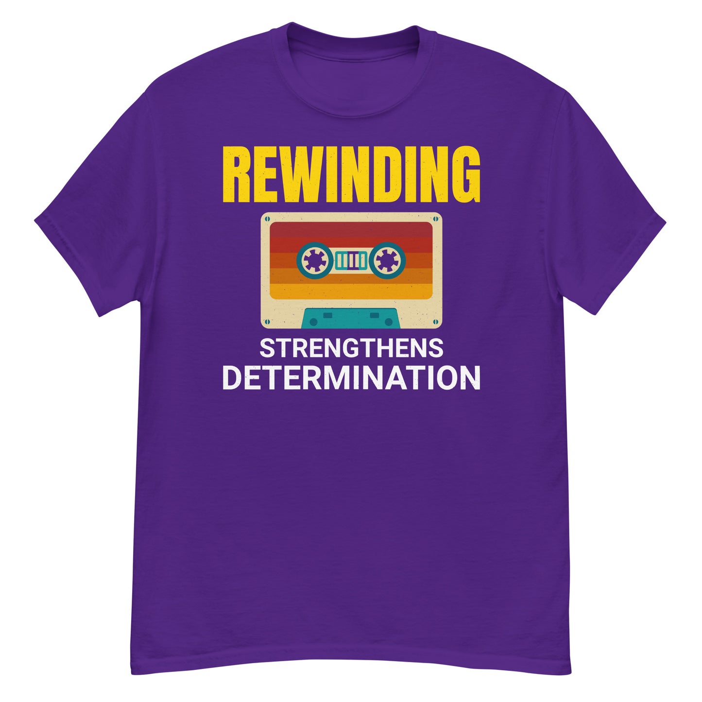 Cassette Tape Rewinding T-Shirt - "Rewinding: Strengthens Determination"