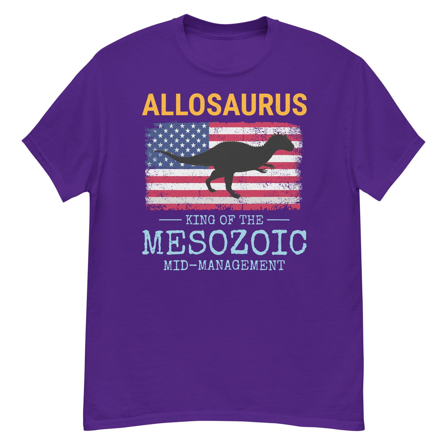 Camiseta con la bandera estadounidense de dinosaurio: "Allosaurus: rey de la gerencia media del Mesozoico"