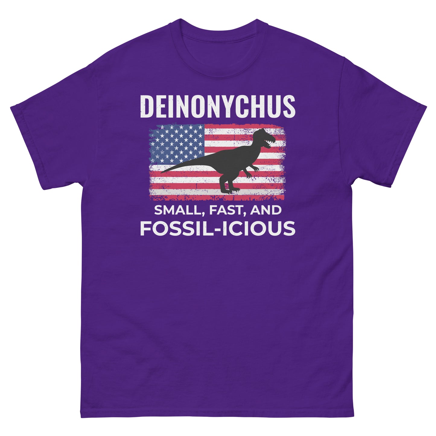 American Flag Dinosaur T-Shirt: Deinonychus - Small, Fast, and Fossil-icious