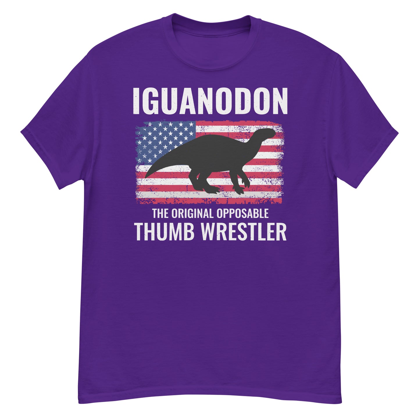 American Flag Dinosaur T-Shirt: Iguanodon - The Original Opposable Thumb Wrestler