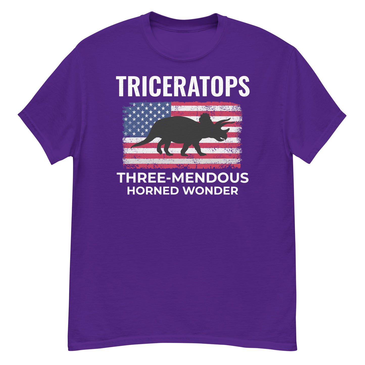 American Flag Dinosaur T-Shirt: Triceratops - The Three-Mendous Horned Wonder