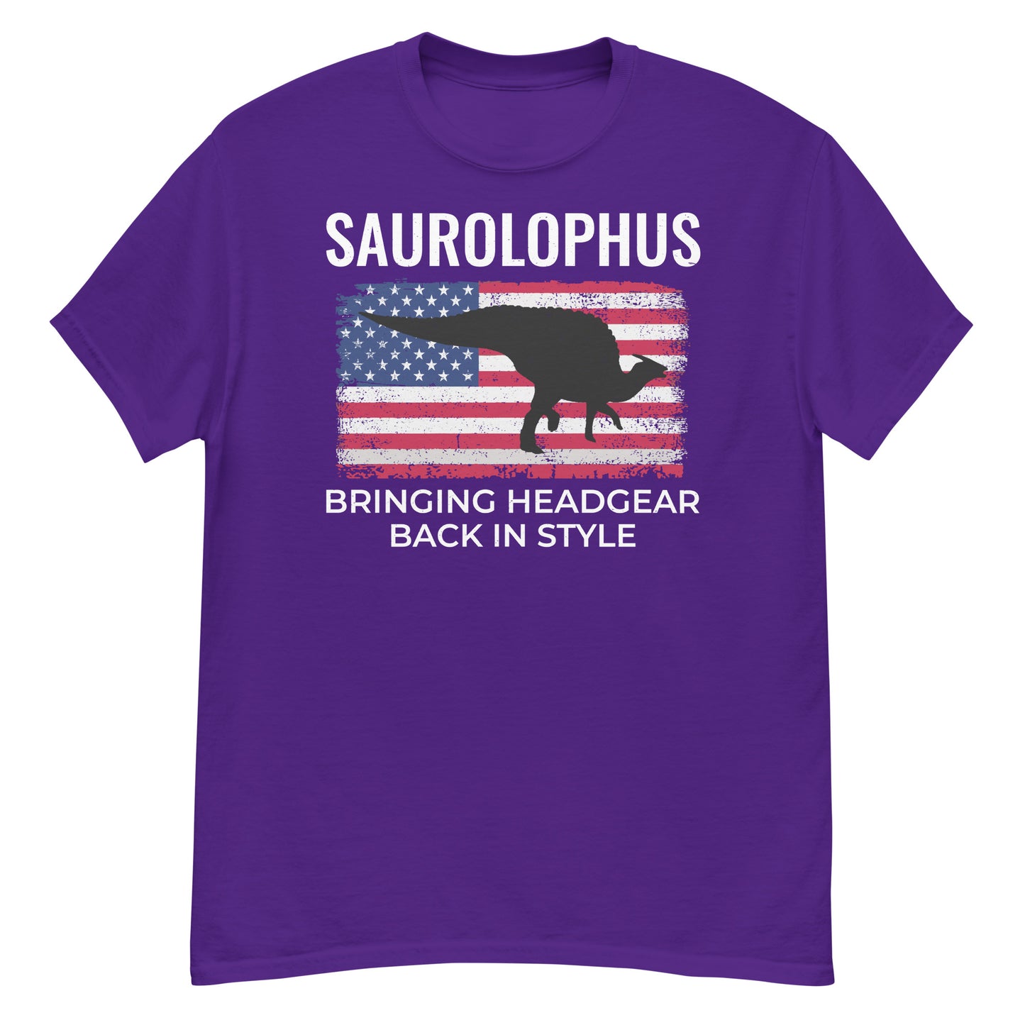 Dinosaurier-T-Shirt mit amerikanischer Flagge: Saurolophus – Kopfbedeckungen wieder in Mode bringen