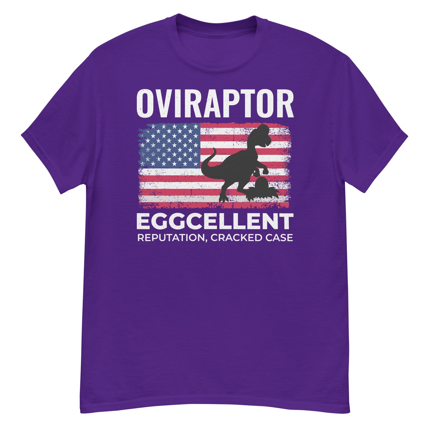 American Flag Dinosaur T-Shirt: Oviraptor - Eggcellent Reputation, Cracked Case