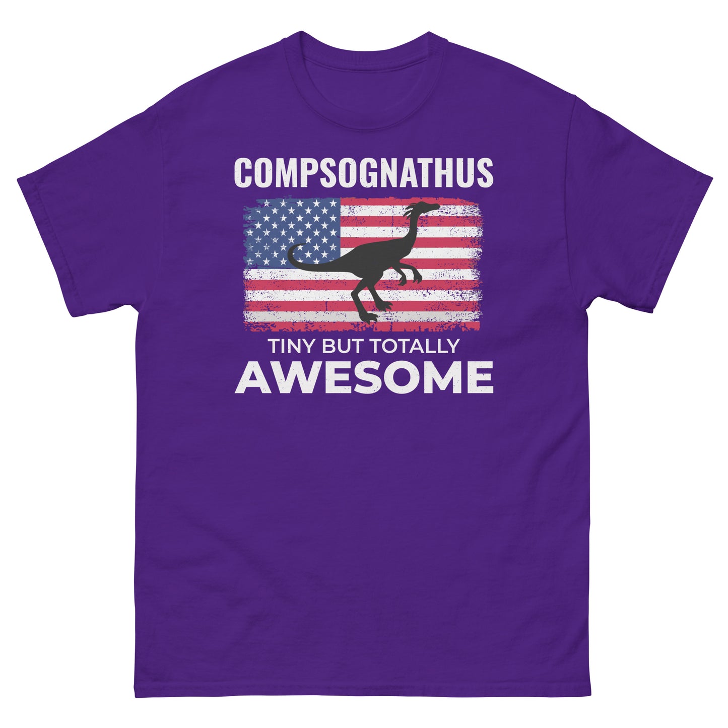 American Flag Dinosaur T-Shirt: Compsognathus - Tiny But Totally Awesome