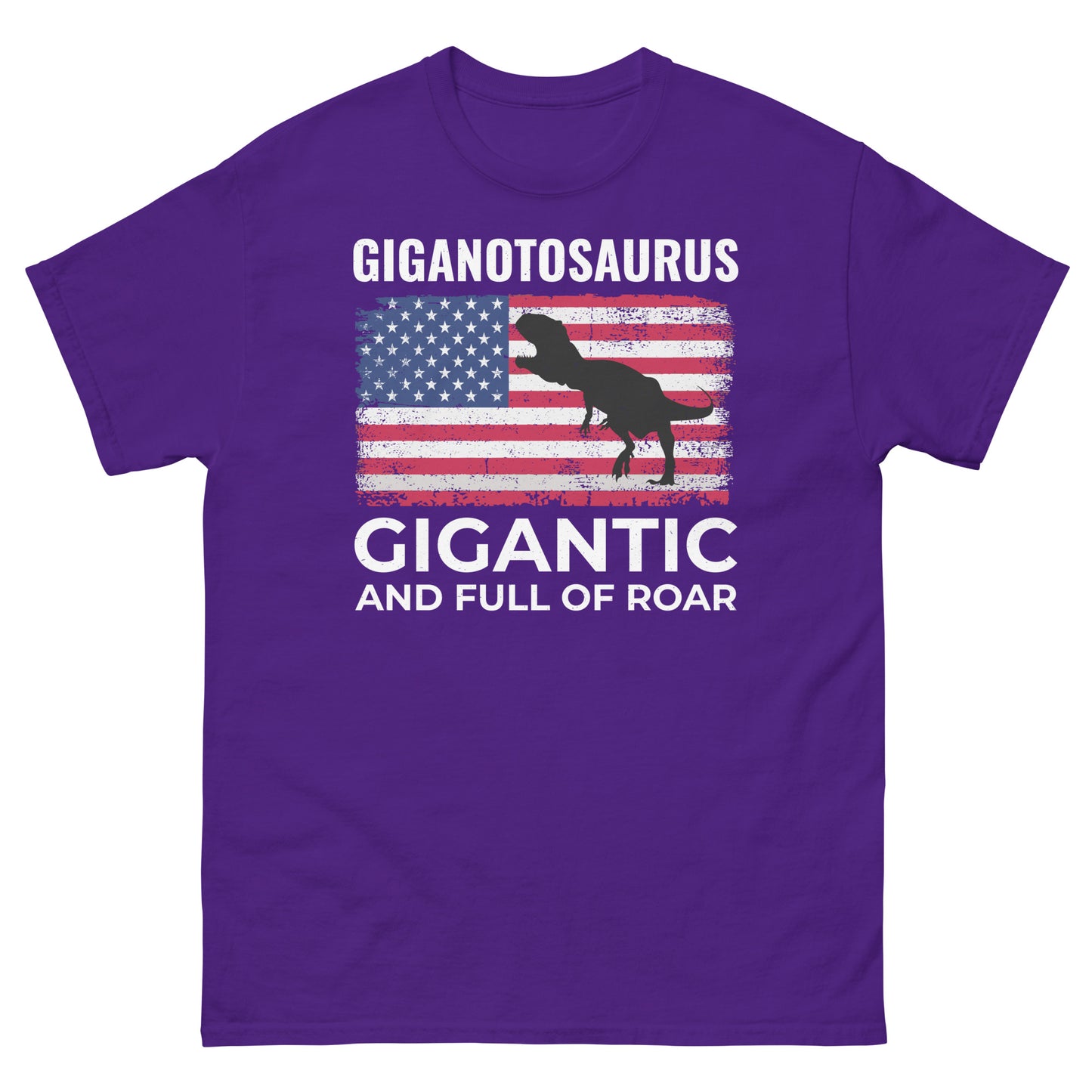 Camiseta con la bandera estadounidense de dinosaurio: Giganotosaurus, gigantesco y lleno de rugidos