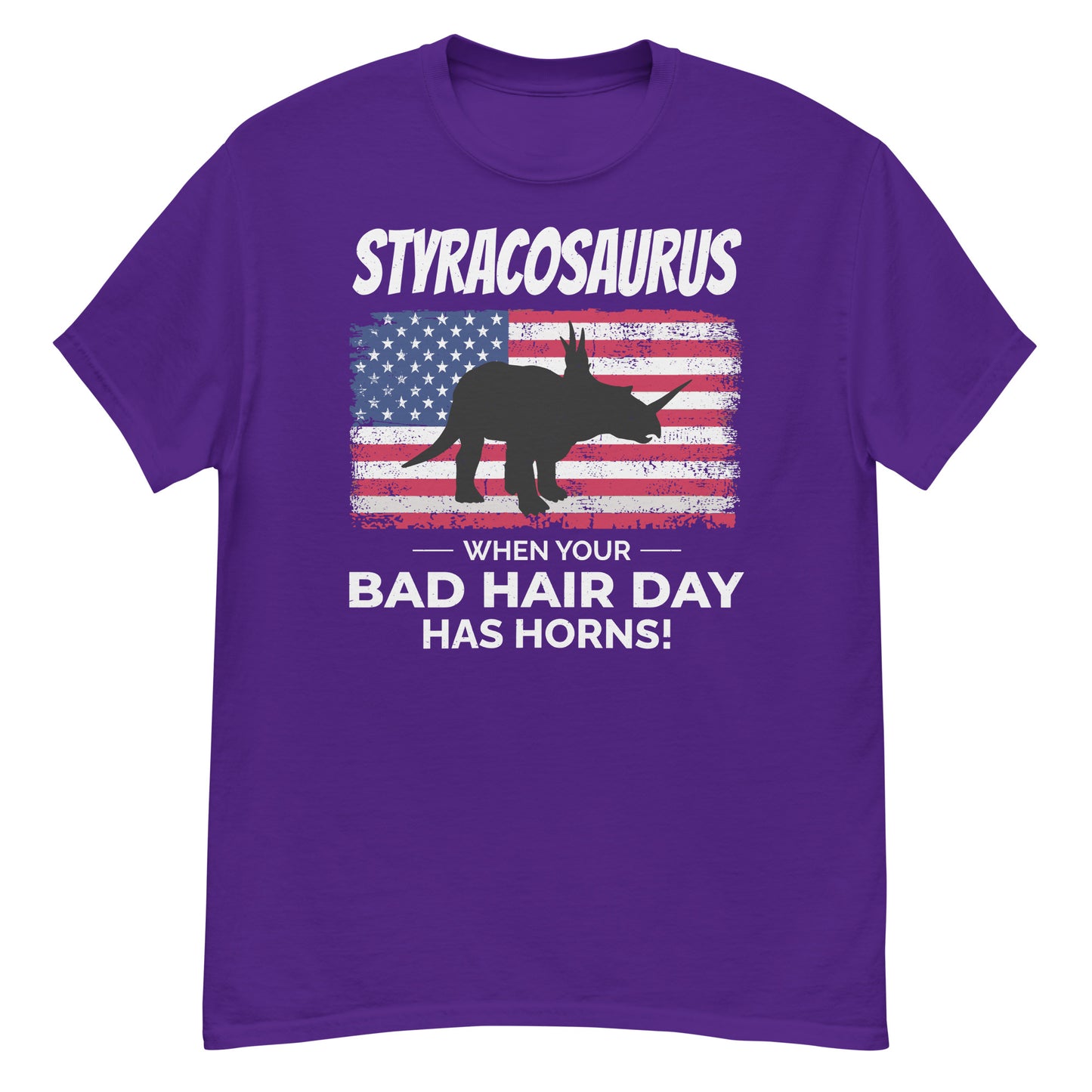 Styracosaurus Amerikanische Flagge Dinosaurier T-Shirt: Bad Hair Day mit Hörnern