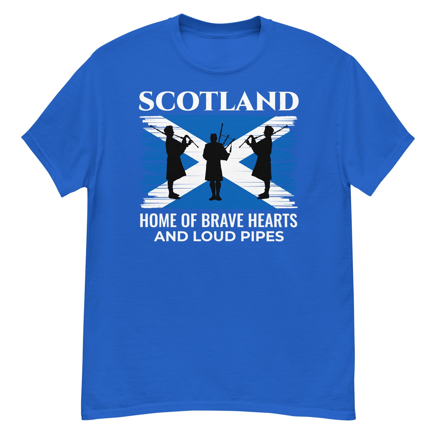 Scottish Flag Bagpipe T-Shirt: Scotland - Home of Brave Hearts and Loud Pipes