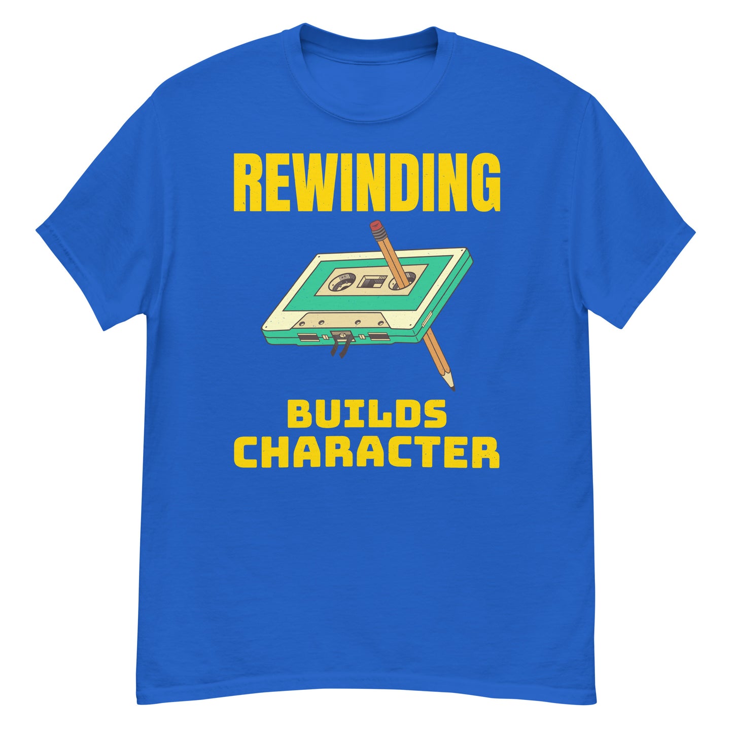 Retro Cassette Tape Rewinding T-Shirt - "Rewinding Builds Character"