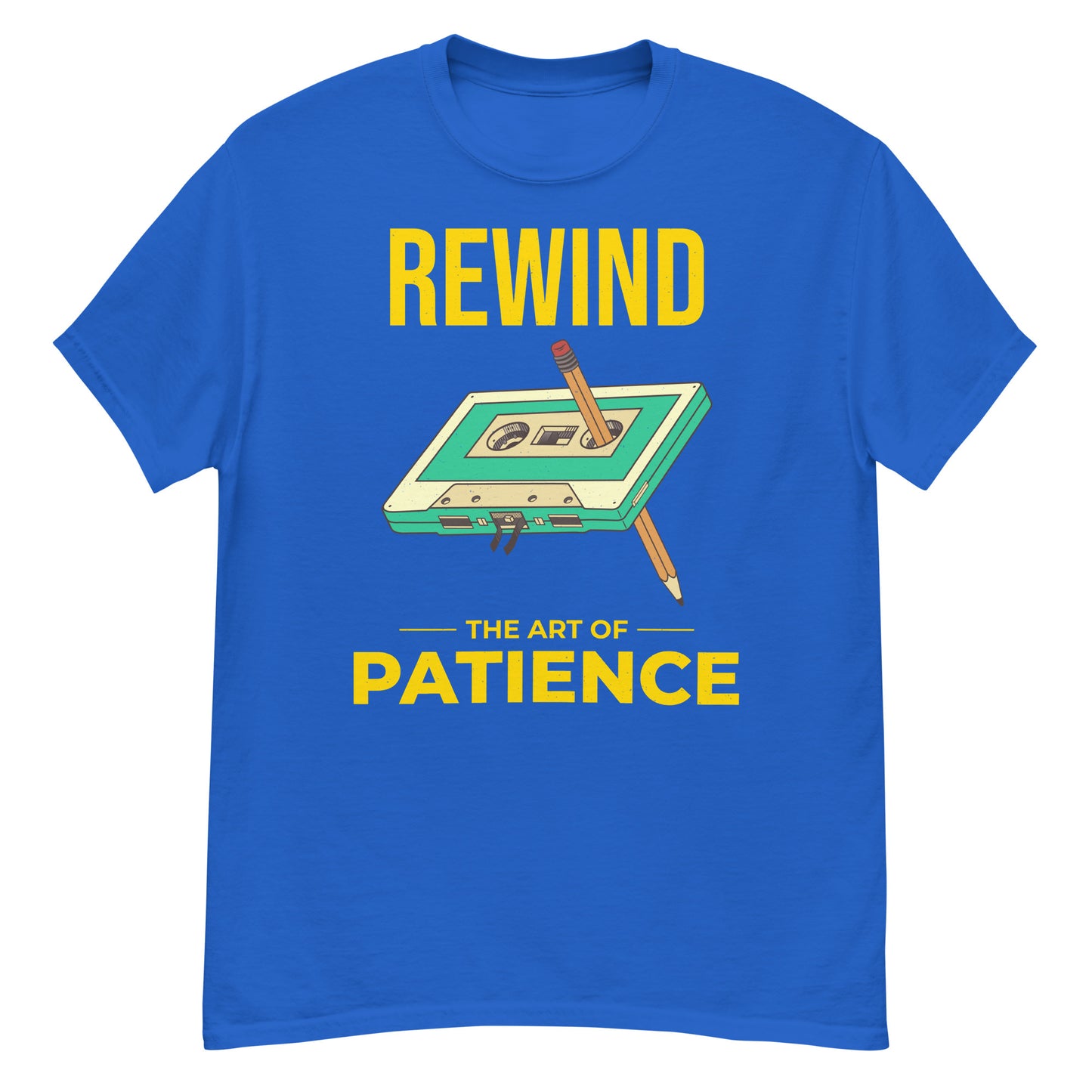 Retro Cassette Tape Rewinding T-Shirt - "Rewind: The Art of Patience"