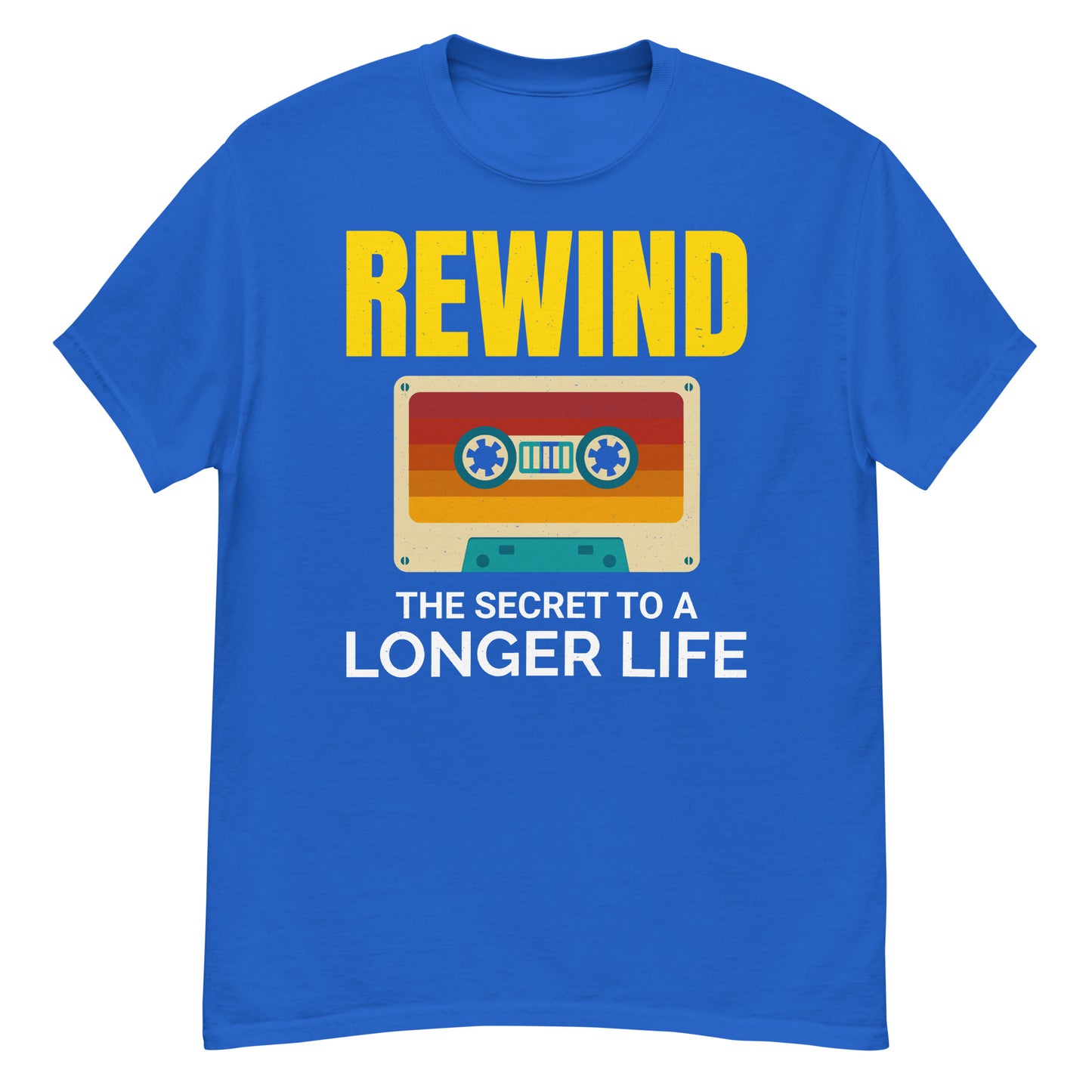 Cassette Tape Rewinding T-Shirt - "Rewinding: The Secret to a Longer Life"