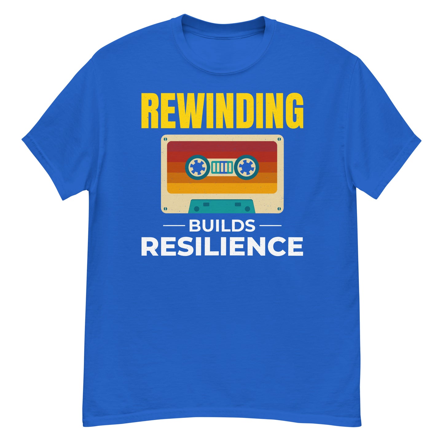 Cassette Tape Rewinding T-Shirt - "Rewinding: Builds Resilience"