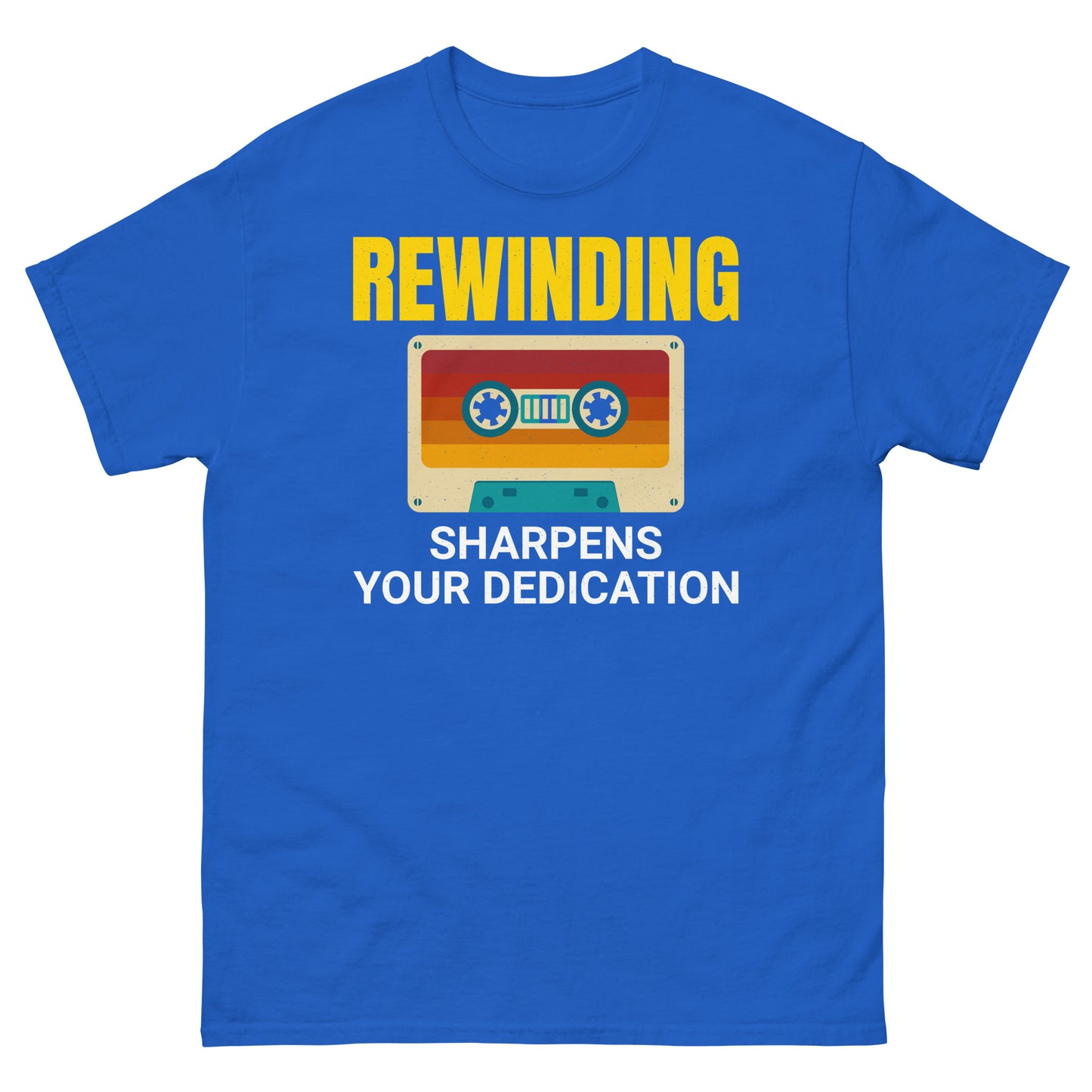 Cassette Tape Rewinding T-Shirt - "Rewinding: Sharpens Your Dedication"