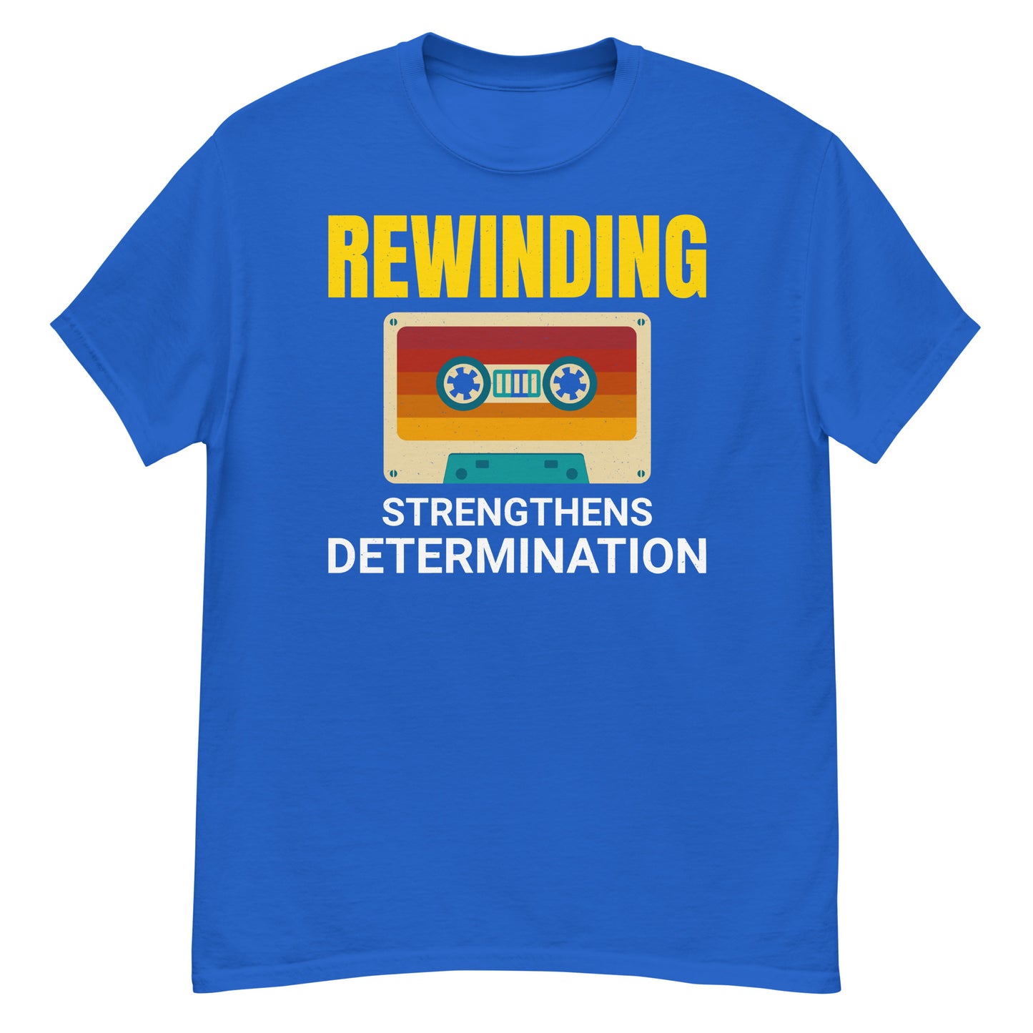 Cassette Tape Rewinding T-Shirt - "Rewinding: Strengthens Determination"