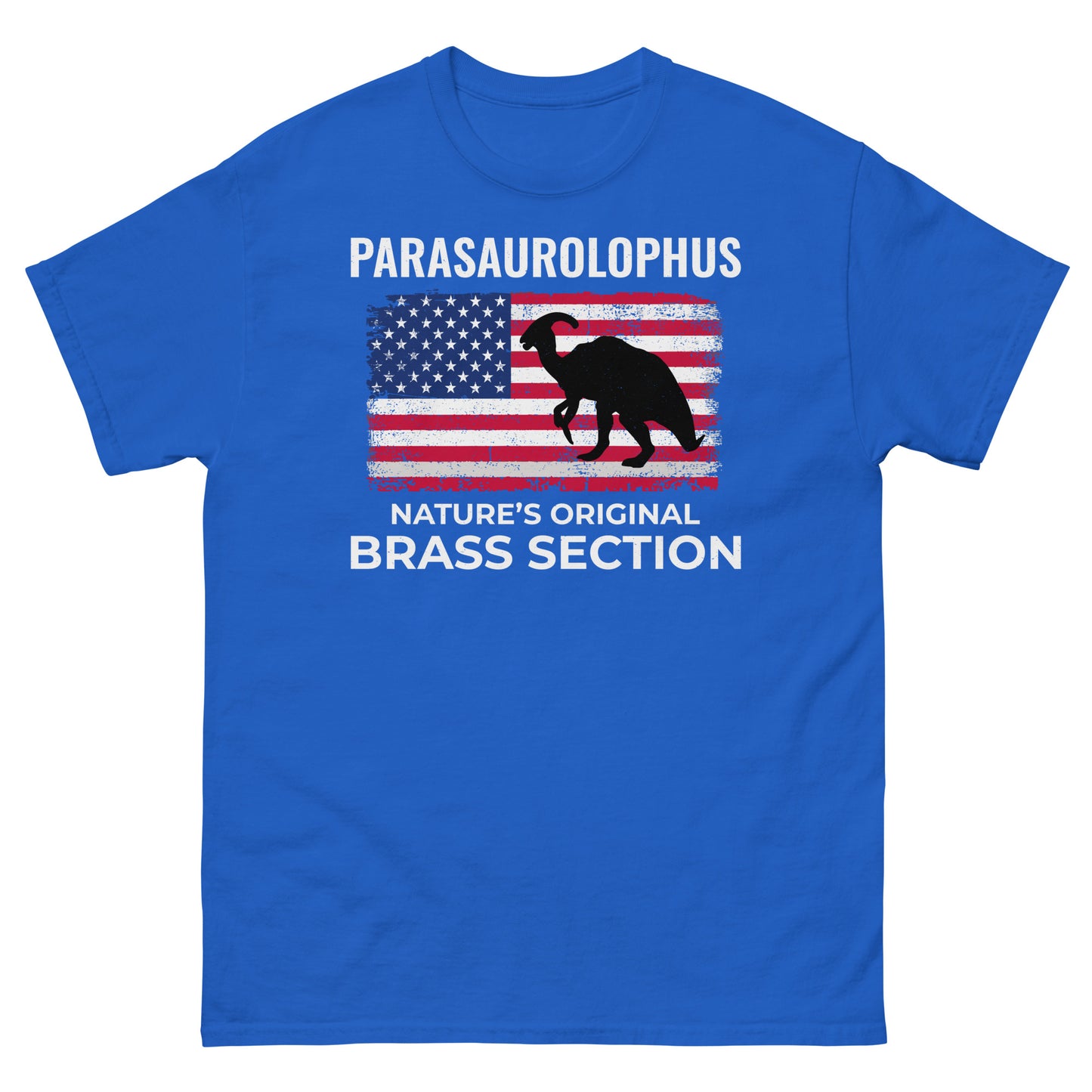 Dinosaurier-T-Shirt mit amerikanischer Flagge: Parasaurolophus - Nature's Original Brass Section