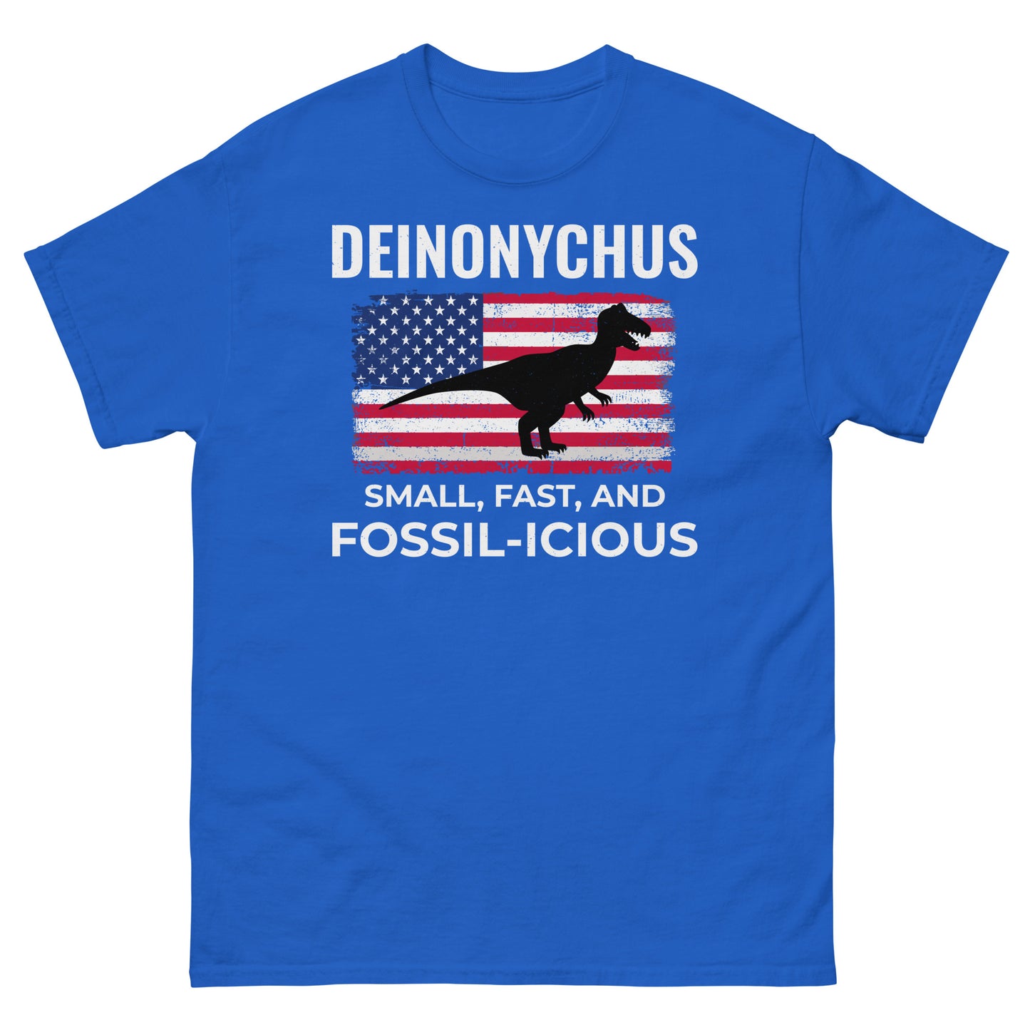 Camiseta con la bandera estadounidense de dinosaurio: Deinonychus: pequeño, rápido y fosilífero