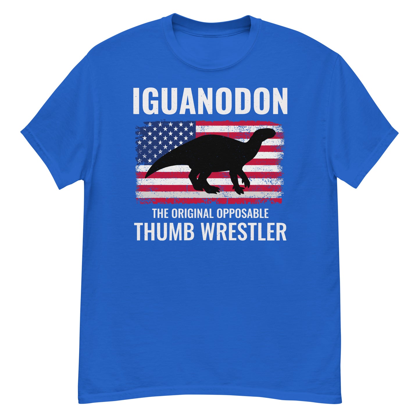 American Flag Dinosaur T-Shirt: Iguanodon - The Original Opposable Thumb Wrestler