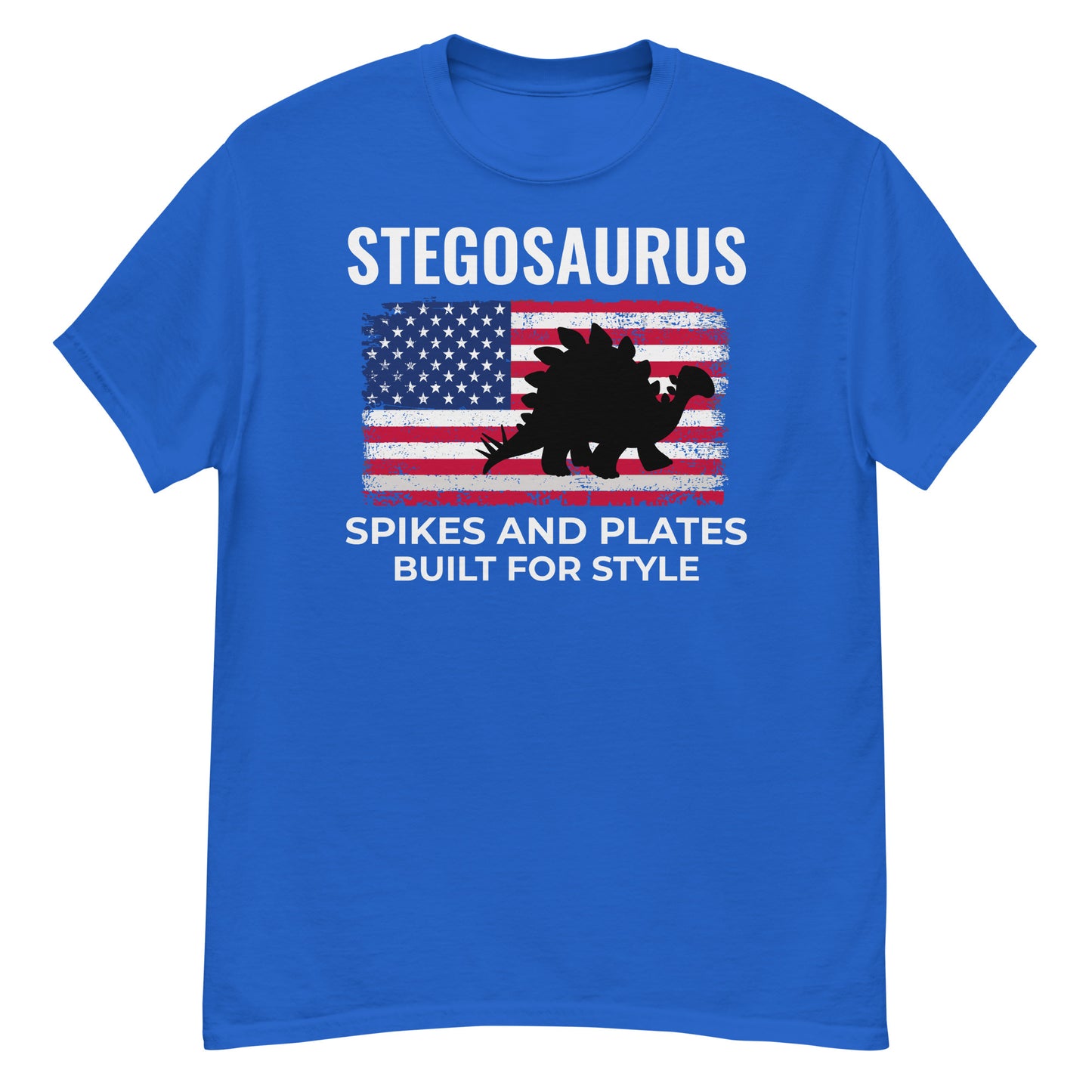 Dinosaurier-T-Shirt mit amerikanischer Flagge: Stegosaurus – Stacheln und Platten, für Stil gebaut