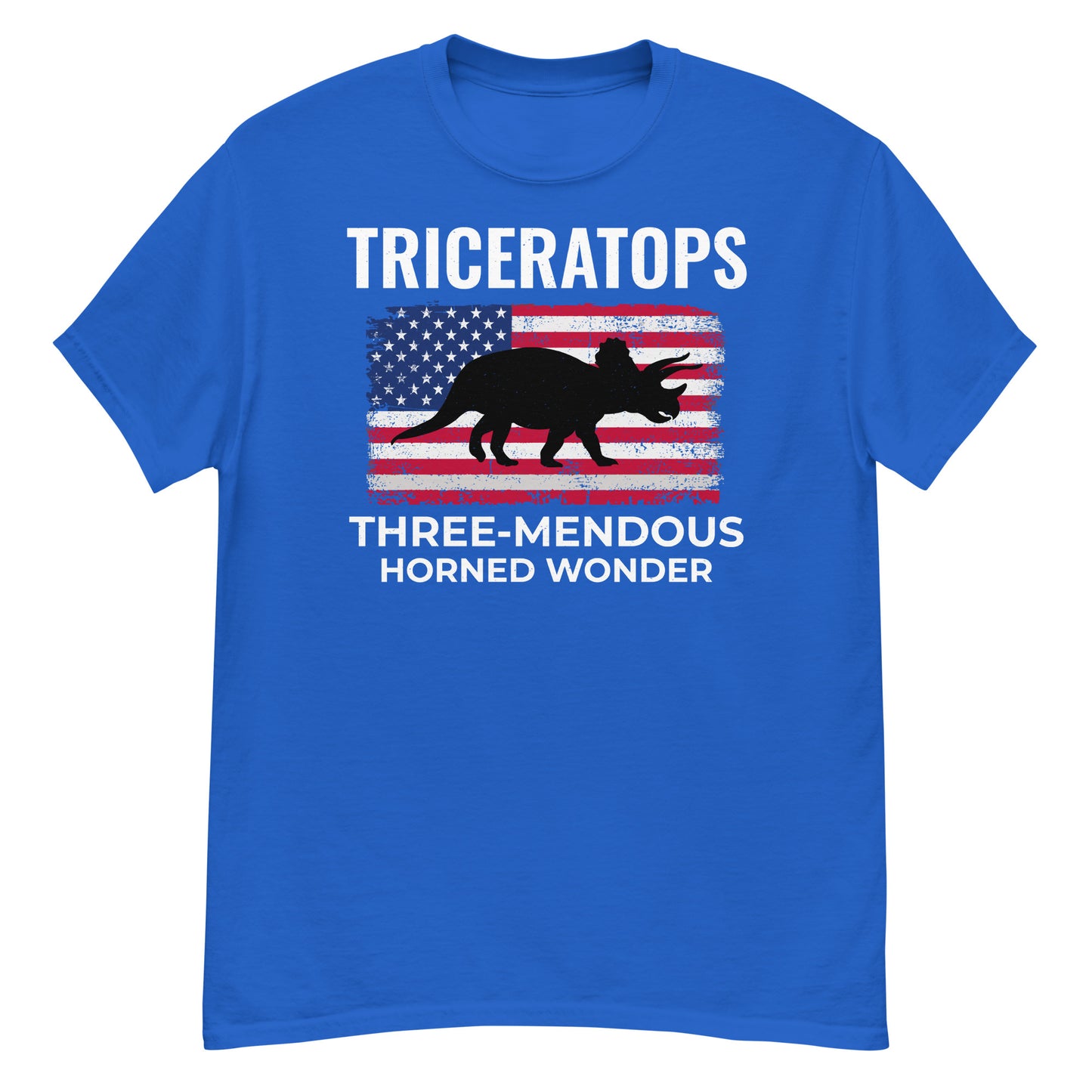 American Flag Dinosaur T-Shirt: Triceratops - The Three-Mendous Horned Wonder