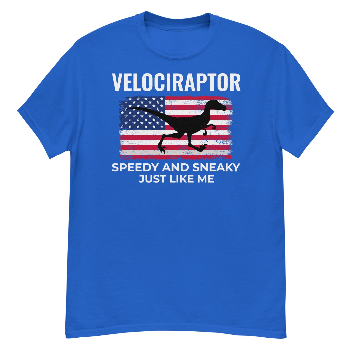 Camiseta con dinosaurio de la bandera estadounidense: Velociraptor: veloz y sigiloso, como yo