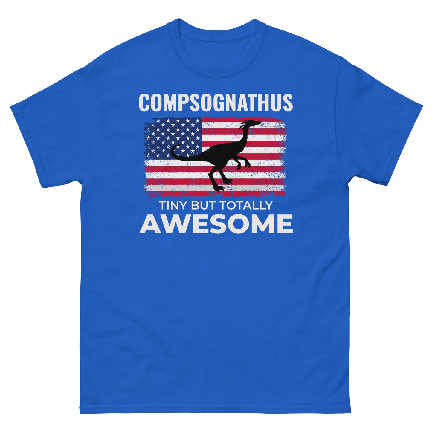 Dinosaurier-T-Shirt mit amerikanischer Flagge: Compsognathus – winzig, aber absolut fantastisch