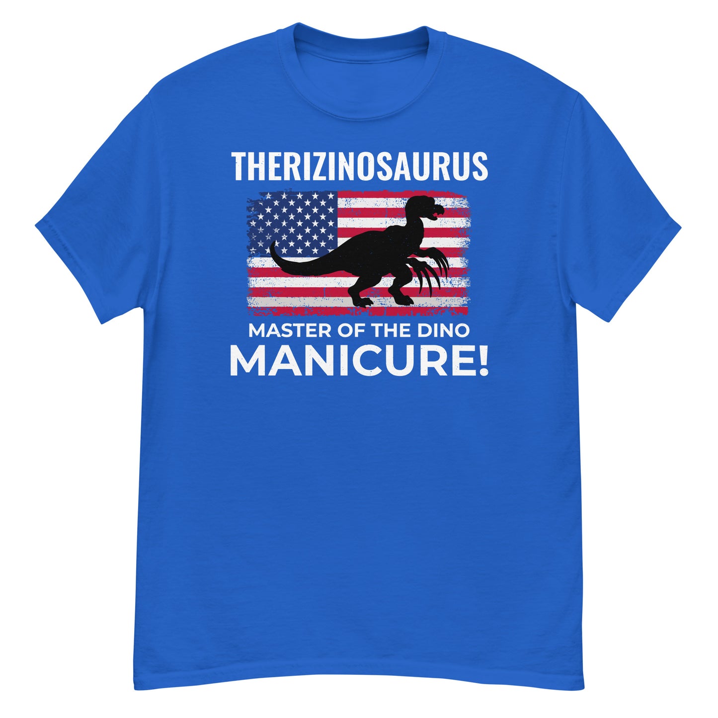 Dinosaurier-T-Shirt mit amerikanischer Flagge: Therizinosaurus – Meister der Dino-Maniküre!