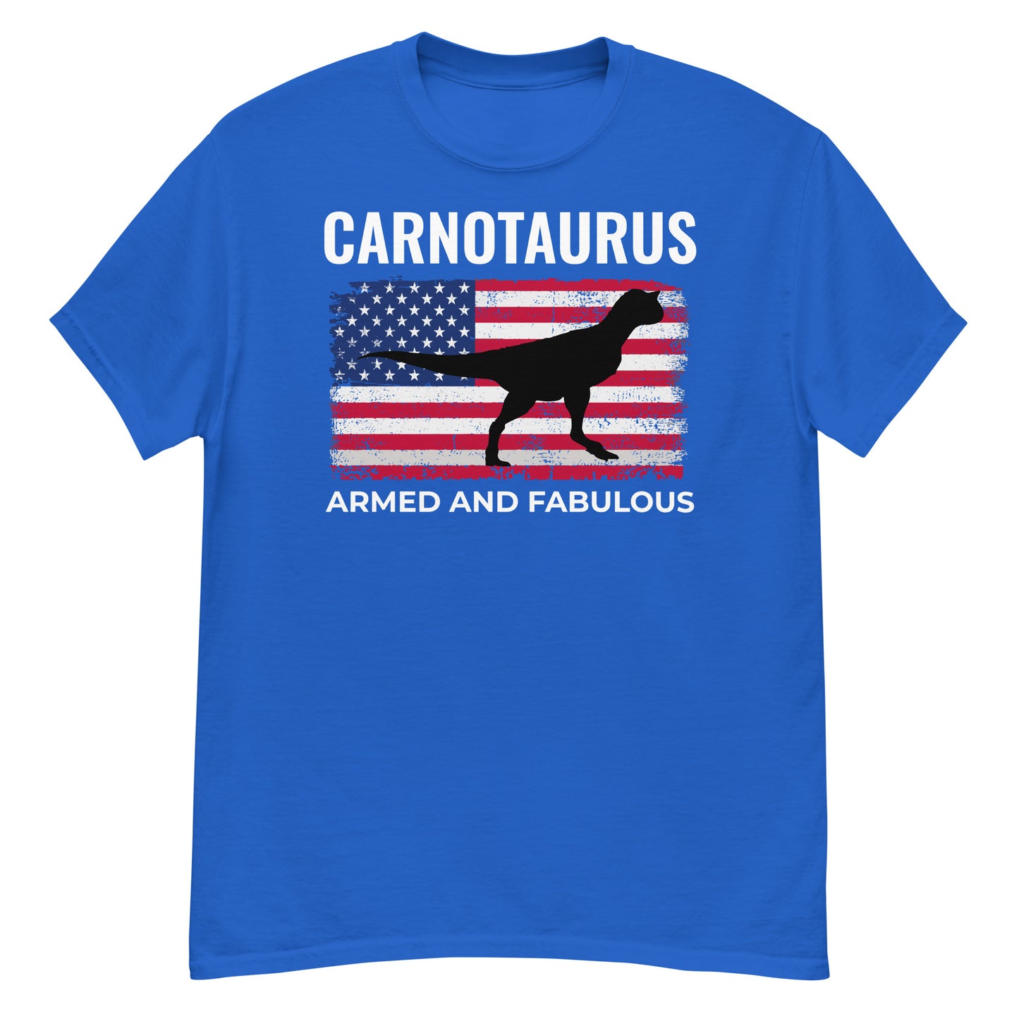 Dinosaurier-T-Shirt mit amerikanischer Flagge: Carnotaurus – bewaffnet und fabelhaft