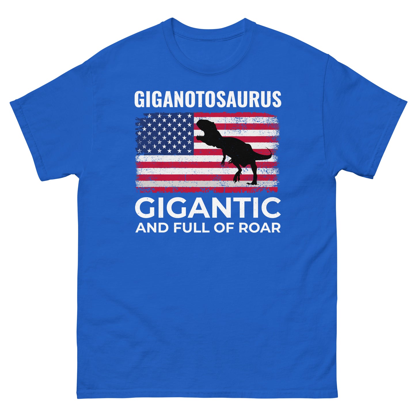 Camiseta con la bandera estadounidense de dinosaurio: Giganotosaurus, gigantesco y lleno de rugidos