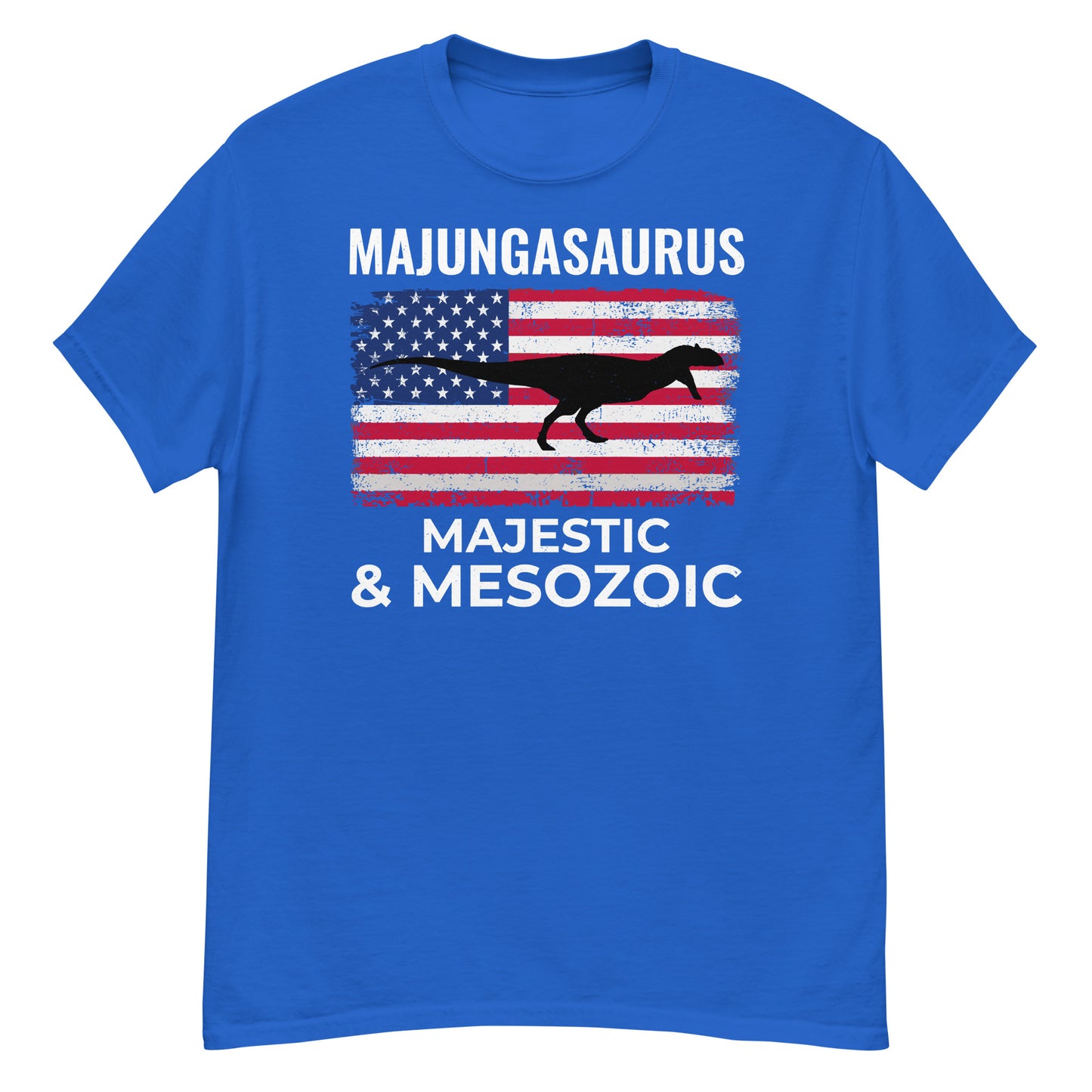 Amerikanische Flagge Majungasaurus Dinosaurier T-Shirt: Majestätisch und Mesozoikum