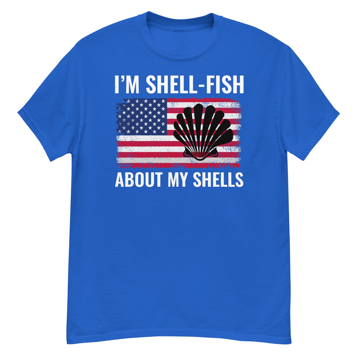 T-Shirt für Muschelsammler mit amerikanischer Flagge: Ich bin ein Muschelfisch über meine Muscheln